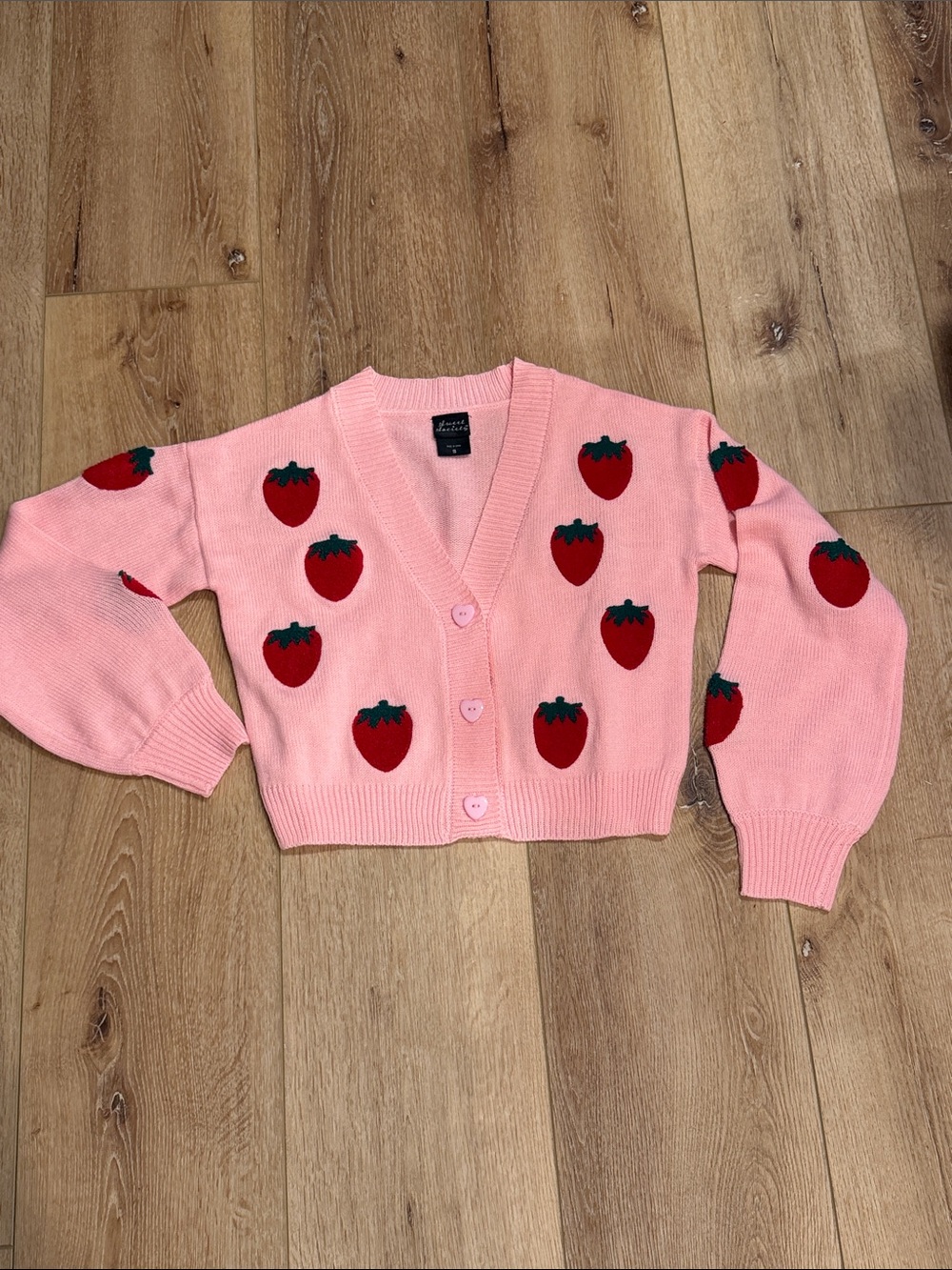Sweet Society | Pink Strawberry-Print V-Neck Cropped Cardigan Sweater | size S